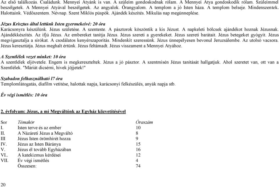 Jézus Krisztus által lettünk Isten gyermekeivé: 20 óra Karácsonyra készülünk. Jézus születése. A szenteste. A pásztorok köszöntik a kis Jézust. A napkeleti bölcsek ajándékot hoznak Jézusnak.