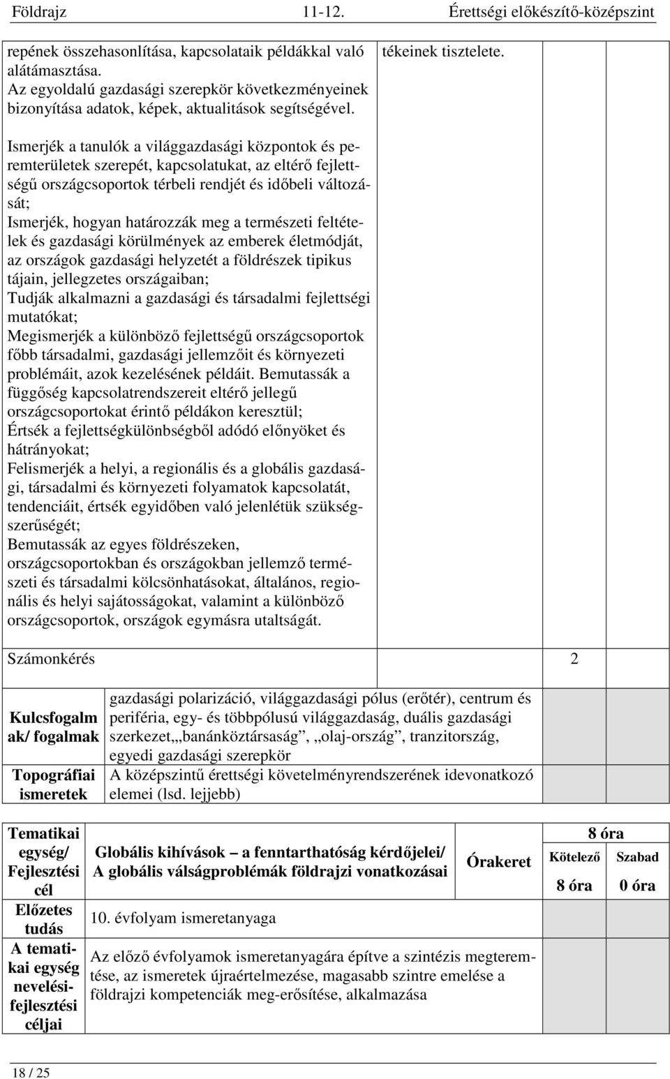 Ismerjék a tanulók a világgazdasági központok és peremterületek szerepét, kapcsolatukat, az eltérő fejlettségű országcsoportok térbeli rendjét és időbeli változását; Ismerjék, hogyan határozzák meg a