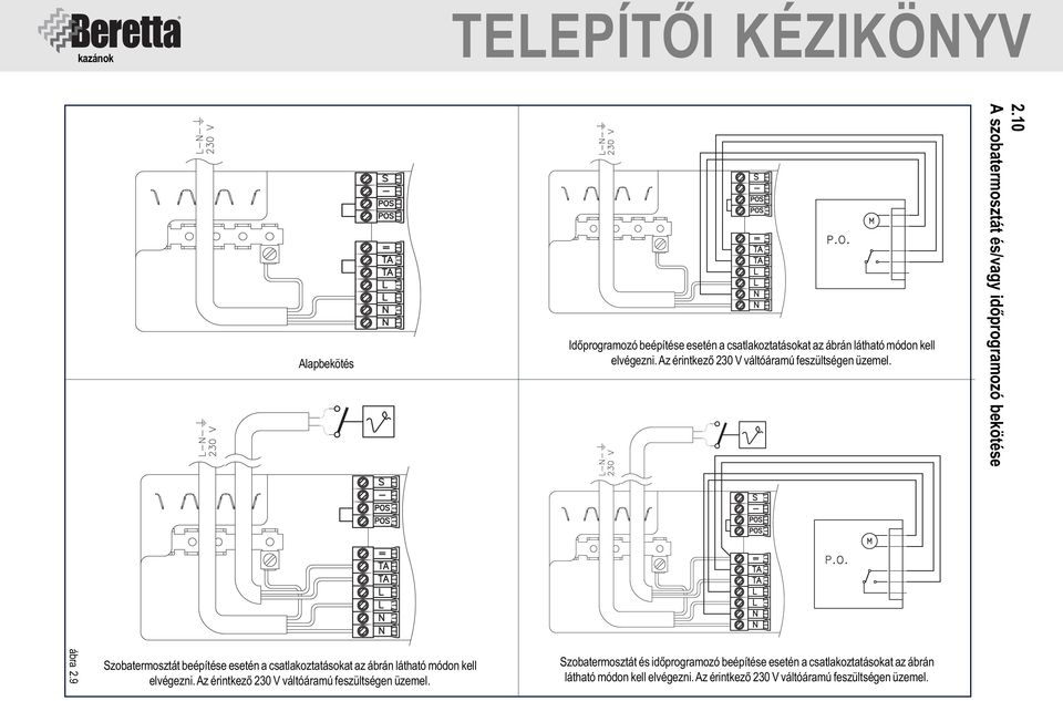 9 Szobatermosztát beépítése esetén a csatlakoztatásokat az ábrán látható módon kell elvégezni.