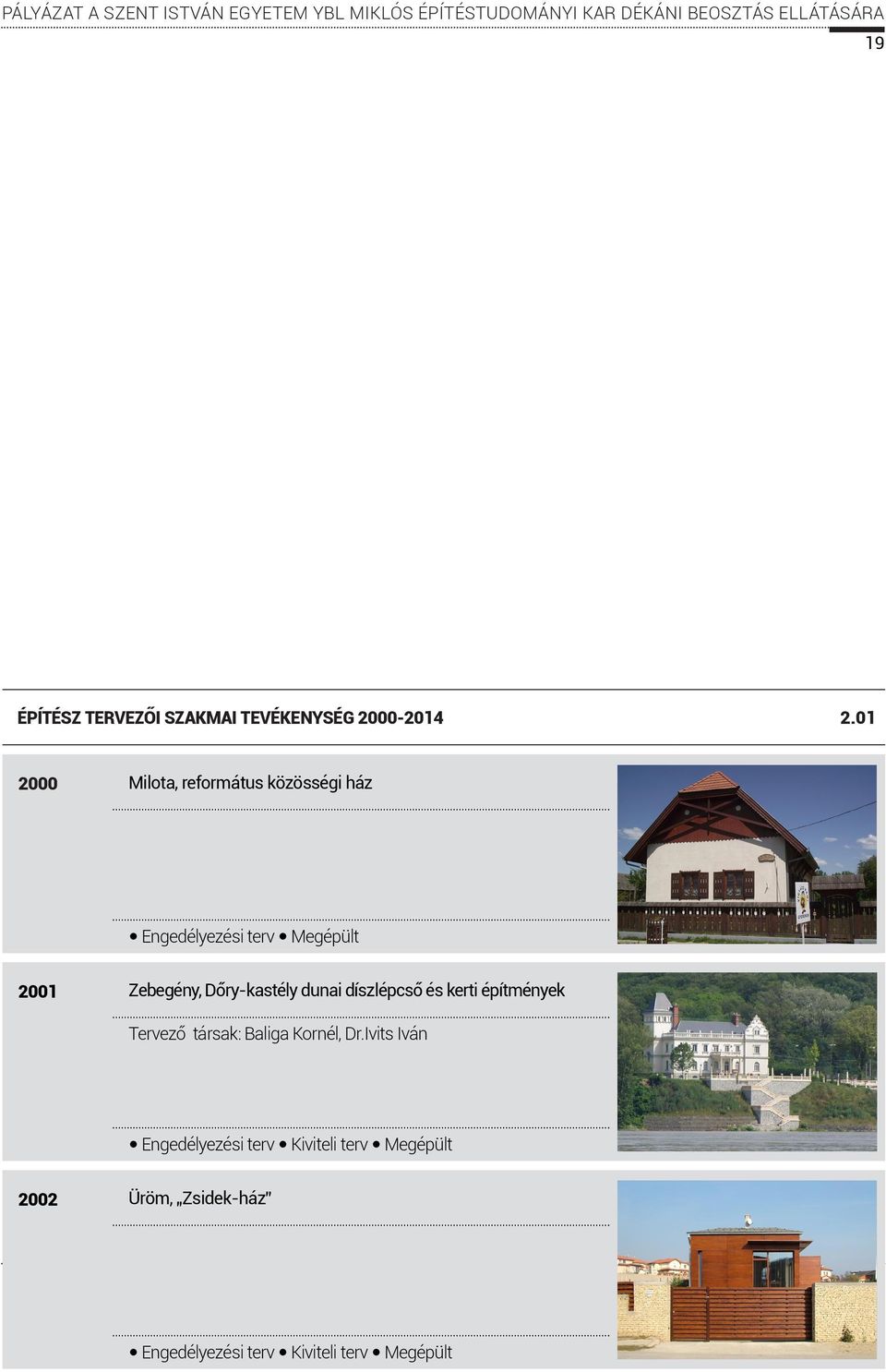 01 2000 Milota, református közösségi ház Engedélyezési terv Megépült 2001 Zebegény, Dőry-kastély dunai