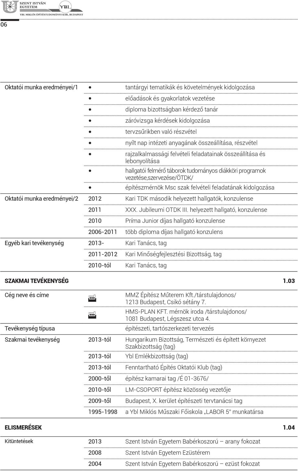 vezetése,szervezése/ötdk/ építészmérnök Msc szak felvételi feladatának kidolgozása Oktatói munka eredményei/2 2012 Kari TDK második helyezett hallgatók, konzulense 2011 XXX. Jubileumi OTDK III.