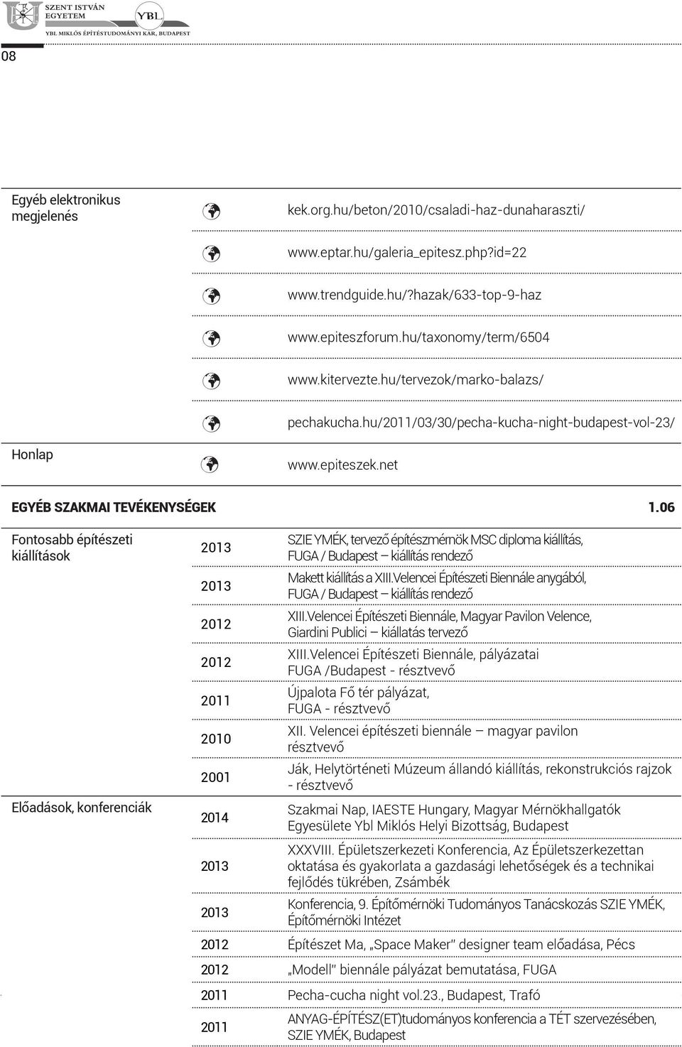 06 Fontosabb építészeti kiállítások Előadások, konferenciák 2013 2013 2012 2012 2011 2010 2001 2014 2013 2013 SZIE YMÉK, tervező építészmérnök MSC diploma kiállítás, FUGA / Budapest kiállítás rendező