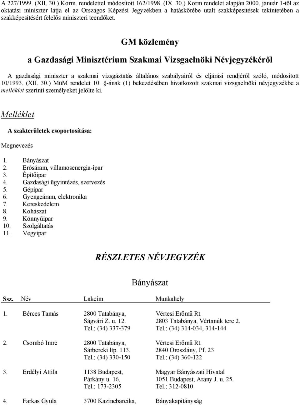 GM közlemény a Gazdasági Minisztérium Szakmai Vizsgaelnöki Névjegyzékéről A gazdasági miniszter a szakmai vizsgáztatás általános szabályairól és eljárási rendjéről szóló, módosított 10/1993. (XII. 30.