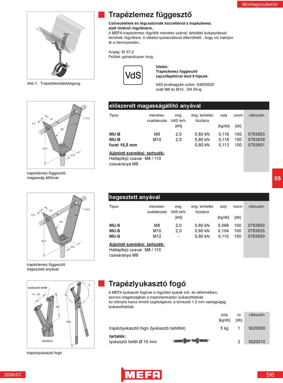 1: Trapezblechabhängung VdS-jóváhagyási szám: G4930025 csatl M8 és M10, DN 50-ig előszerelt magasságállító anyával Tipus menetes- eng. eng. terhelés súly csom cikkszám csatlakozás VdS terh.