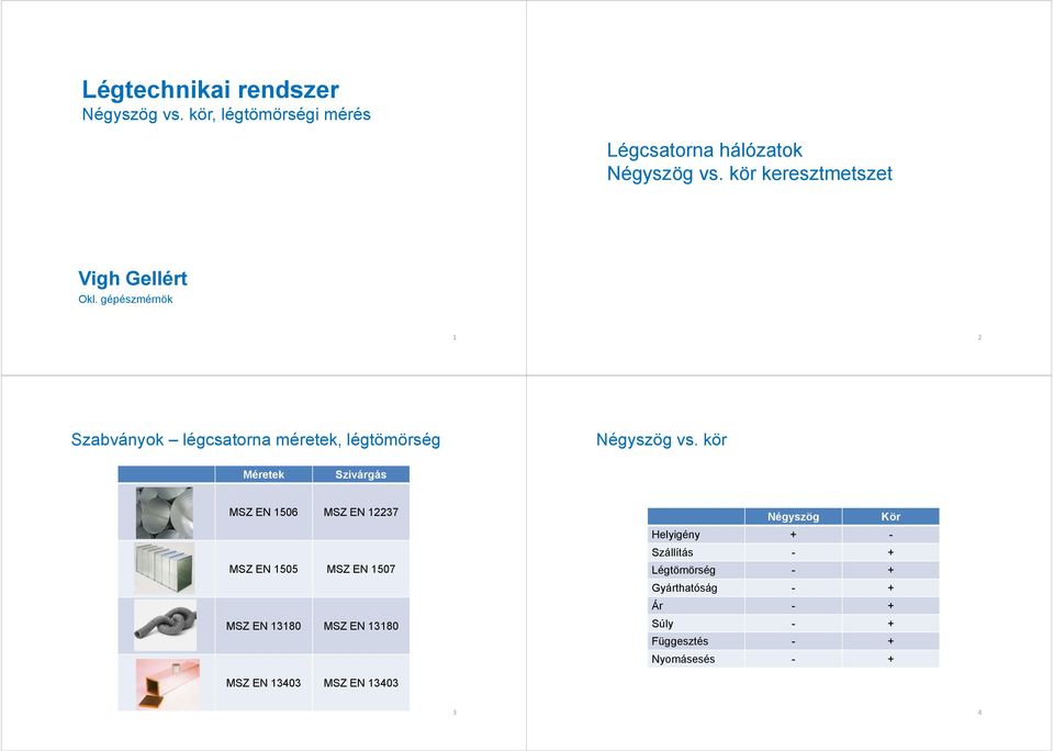 gépészmérnök 1 2 Szabványok légcsatorna méretek, légtömörség Négyszög vs.