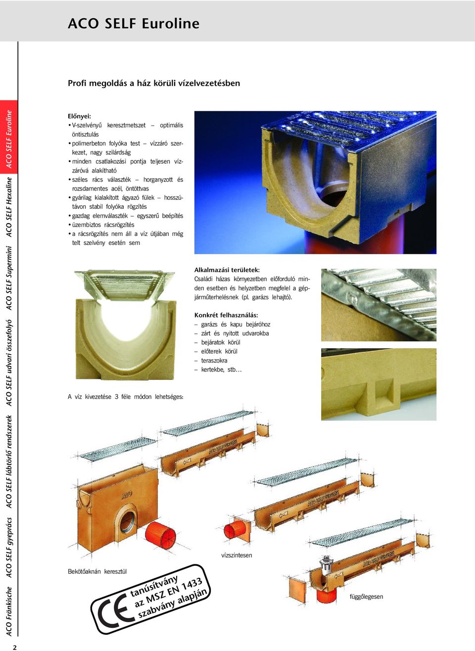 elemválaszték egyszerű beépítés üzembiztos rácsrögzítés a rácsrögzítés nem áll a víz útjában még telt szelvény esetén sem A víz kivezetése 3 féle módon lehetséges: Bekötõaknán keresztül tanúsítvány