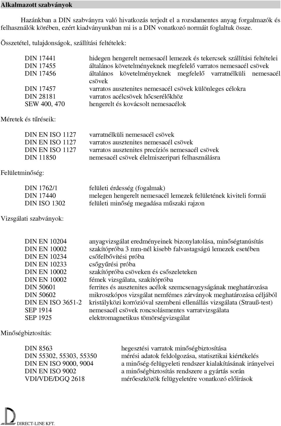 Összetétel, tulajdonságok, szállítási feltételek: DIN 17441 DIN 17455 DIN 17456 DIN 17457 DIN 28181 SEW 400, 470 hidegen hengerelt nemesacél lemezek és tekercsek szállítási feltételei általános