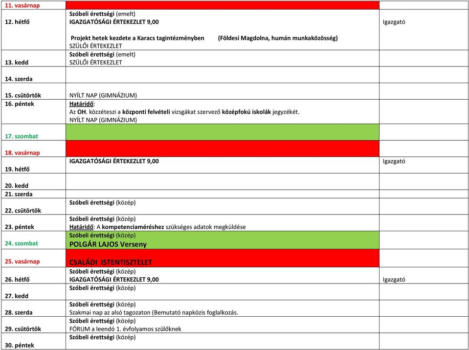 péntek Az OH. közzéteszi a központi felvételi vizsgákat szervező középfokú iskolák jegyzékét. NYÍLT NAP (GIMNÁZIUM) 17. szombat 18. vasárnap 19. hétfő 20. kedd 21. szerda 22. csütörtök 23. péntek 24.