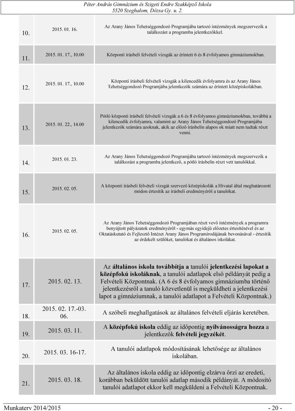 00 Központi írásbeli felvételi vizsgák a kilencedik évfolyamra és az Arany János Tehetséggondozó Programjába jelentkezők számára az érintett középiskolákban. 13. 2015. 01. 22., 14.