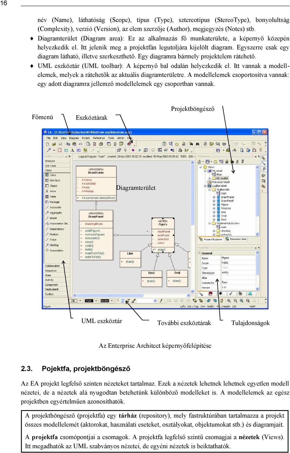 Egyszerre csak egy diagram látható, illetve szerkeszthető. Egy diagramra bármely projektelem rátehető. UML eszköztá r (UML toolbar): A ké pernyő bal odalá n helyezkedik el.