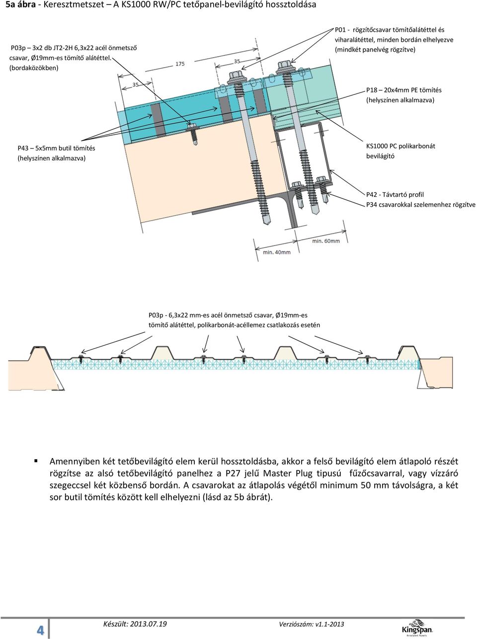 csavarokkal szelemenhez rögzítve P03p - 6,3x22 mm-es acél önmetsző csavar, Ø19mm-es tömítő alátéttel, polikarbonát-acéllemez csatlakozás esetén Amennyiben két tető elem kerül hossztoldásba, akkor a