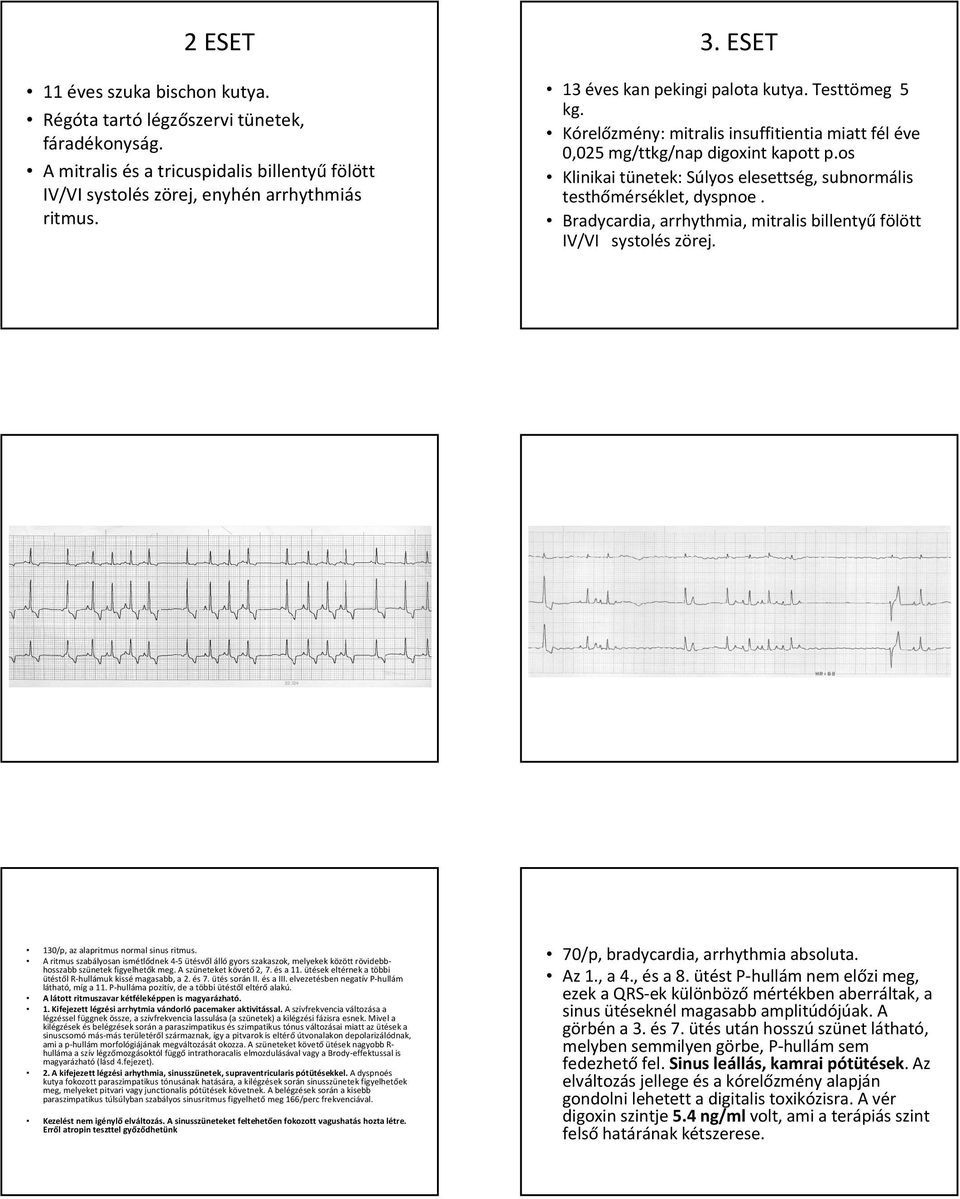 os Klinikai tünetek: Súlyos elesettség, subnormális testhőmérséklet, dyspnoe. Bradycardia, arrhythmia, mitralisbillentyűfölött IV/VI systolés zörej. 130/p, az alapritmus normal sinus ritmus.