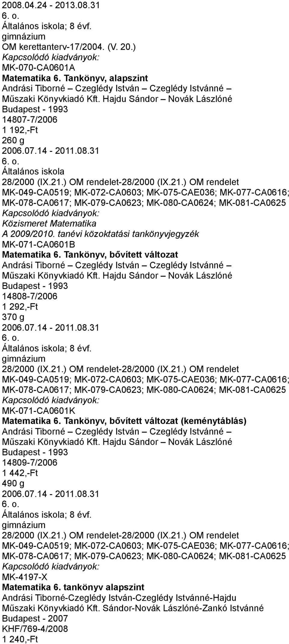 Tankönyv, bővített változat Andrási Tiborné Czeglédy István Czeglédy Istvánné Hajdu Sándor Novák Lászlóné Budapest - 1993 14808-7/2006 1 292,-Ft 370 g 2006.07.14-2011.08.31 28/2000 (IX.21.