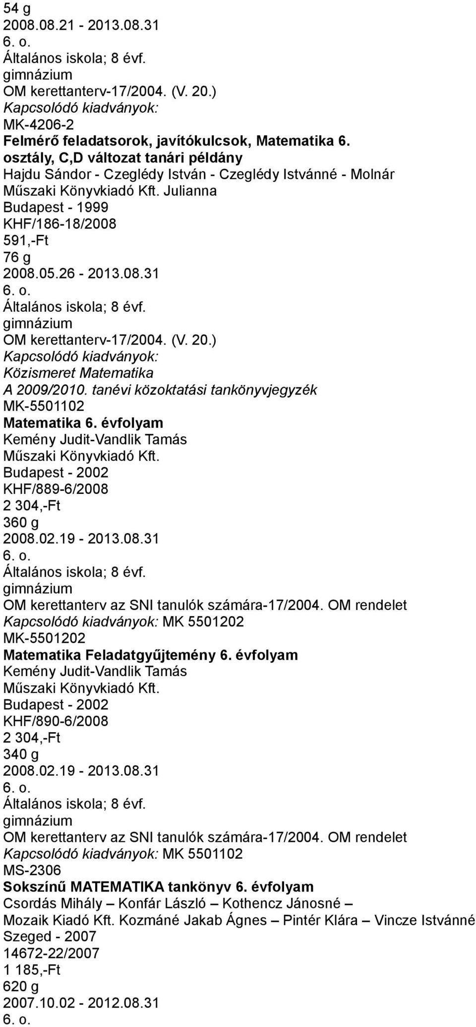 évfolyam Kemény Judit-Vandlik Tamás Budapest - 2002 KHF/889-6/2008 2 304,-Ft 360 g 2008.02.19-2013.08.31 OM kerettanterv az SNI tanulók számára-17/2004.
