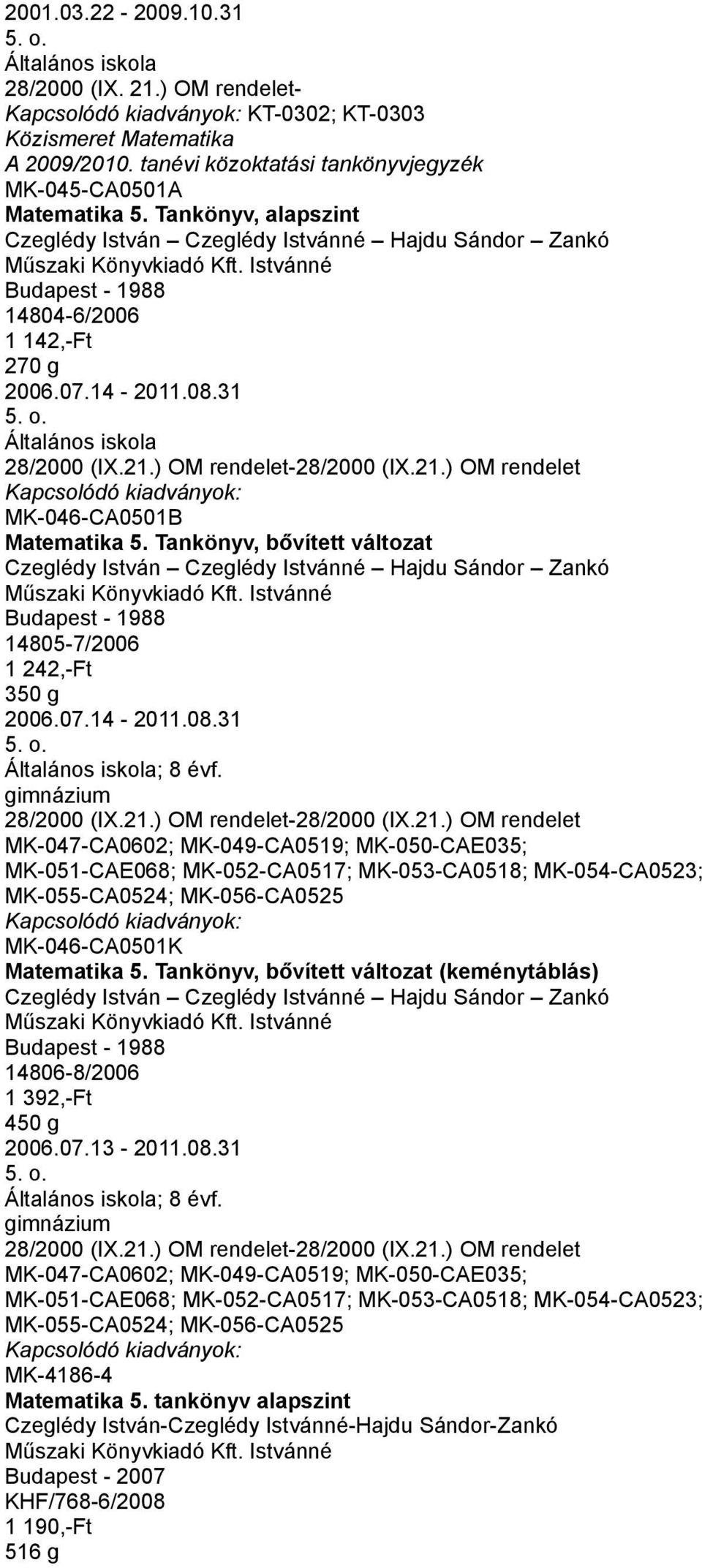 ) OM rendelet-28/2000 (IX.21.) OM rendelet MK-046-CA0501B Matematika 5.
