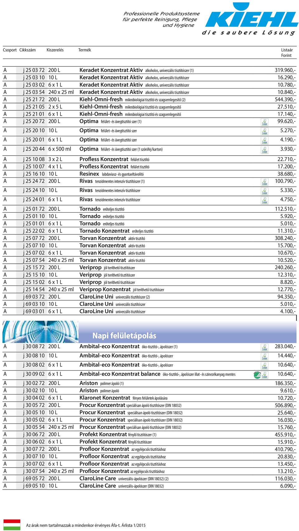 840,- A j 25 21 72 200 L Kiehl-Omni-fresh mikrobiológiai tisztító és szagsemlegesítő (2) 544.390,- A j 25 21 05 2 x 5 L Kiehl-Omni-fresh mikrobiológiai tisztító és szagsemlegesítő 27.