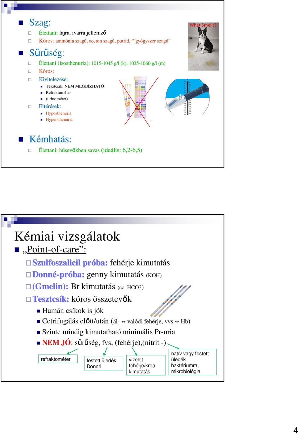 Refraktométer ter (urinométer) Eltérések: Hyposthenuria Hypersthenuria Kémhatás: Élettani: húsevh sevőkben savas (ideális: 6,2-6,5) 6,5) Kémiai vizsgálatok Point-of-care : Szulfoszalicil próba: