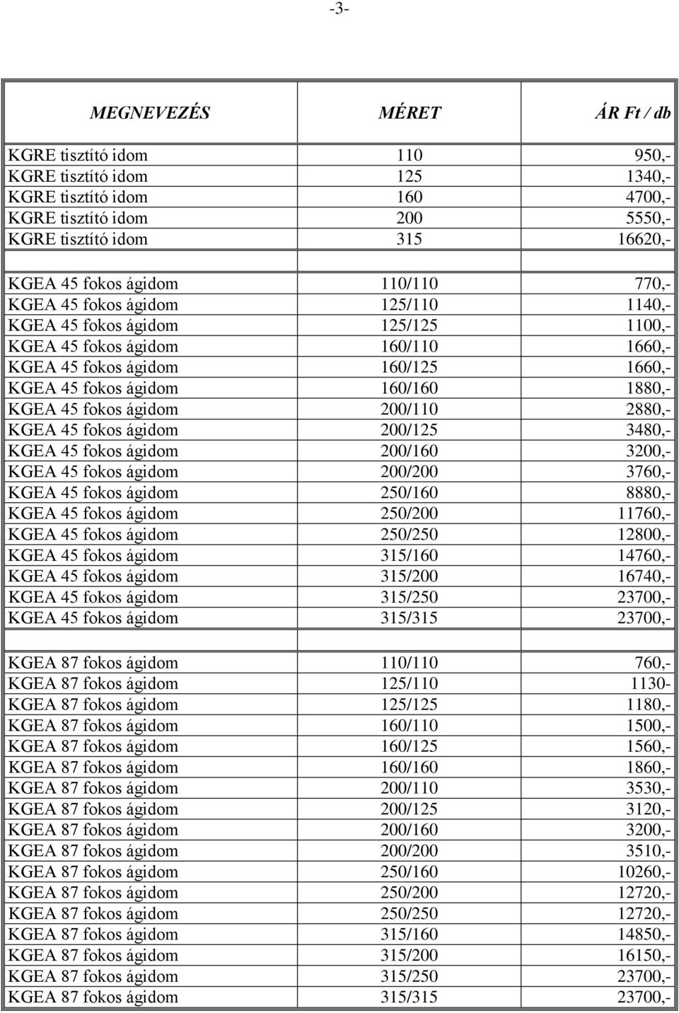 200/110 2880,- KGEA 45 fokos ágidom 200/125 3480,- KGEA 45 fokos ágidom 200/160 3200,- KGEA 45 fokos ágidom 200/200 3760,- KGEA 45 fokos ágidom 250/160 8880,- KGEA 45 fokos ágidom 250/200 11760,-