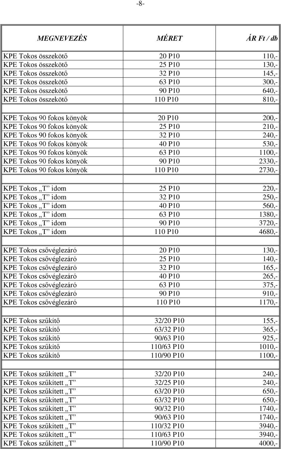 1100,- KPE Tokos 90 fokos könyök 90 P10 2330,- KPE Tokos 90 fokos könyök 110 P10 2730,- KPE Tokos T idom 25 P10 220,- KPE Tokos T idom 32 P10 250,- KPE Tokos T idom 40 P10 560,- KPE Tokos T idom 63