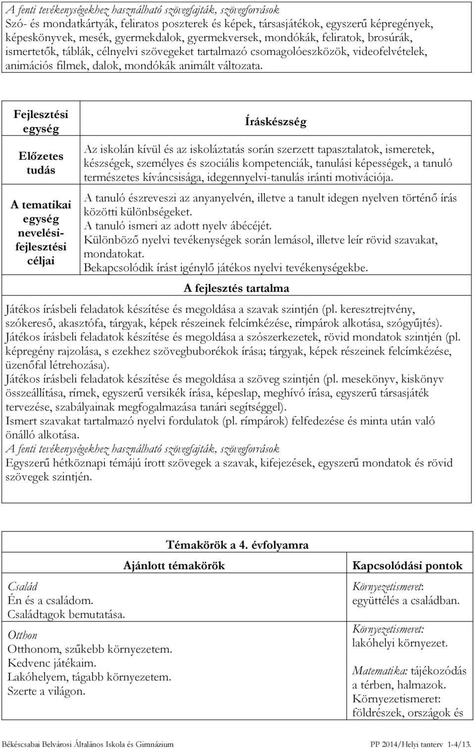 Fejlesztési egység Előzetes tudás A tematikai egység nevelésifejlesztési Íráskészség Az iskolán kívül és az iskoláztatás során szerzett tapasztalatok, ismeretek, készségek, személyes és szociális