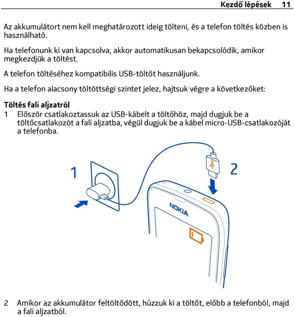 Ha a telefon alacsony töltöttségi szintet jelez, hajtsuk végre a következőket: Töltés fali aljzatról 1 Először csatlakoztassuk az USB-kábelt a töltőhöz, majd