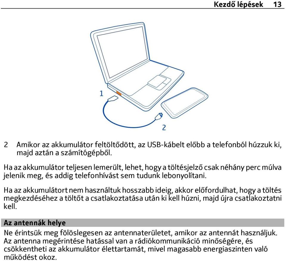 Ha az akkumulátort nem használtuk hosszabb ideig, akkor előfordulhat, hogy a töltés megkezdéséhez a töltőt a csatlakoztatása után ki kell húzni, majd újra csatlakoztatni kell.