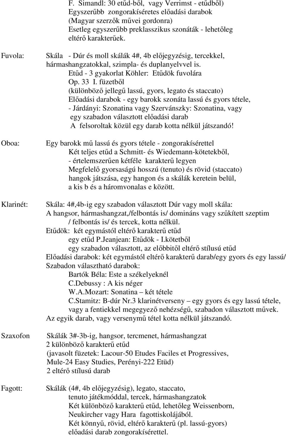 33 I. füzetbıl (különbözı jellegő lassú, gyors, legato és staccato) Elıadási darabok - egy barokk szonáta lassú és gyors tétele, - Járdányi: Szonatina vagy Szervánszky: Szonatina, vagy egy szabadon