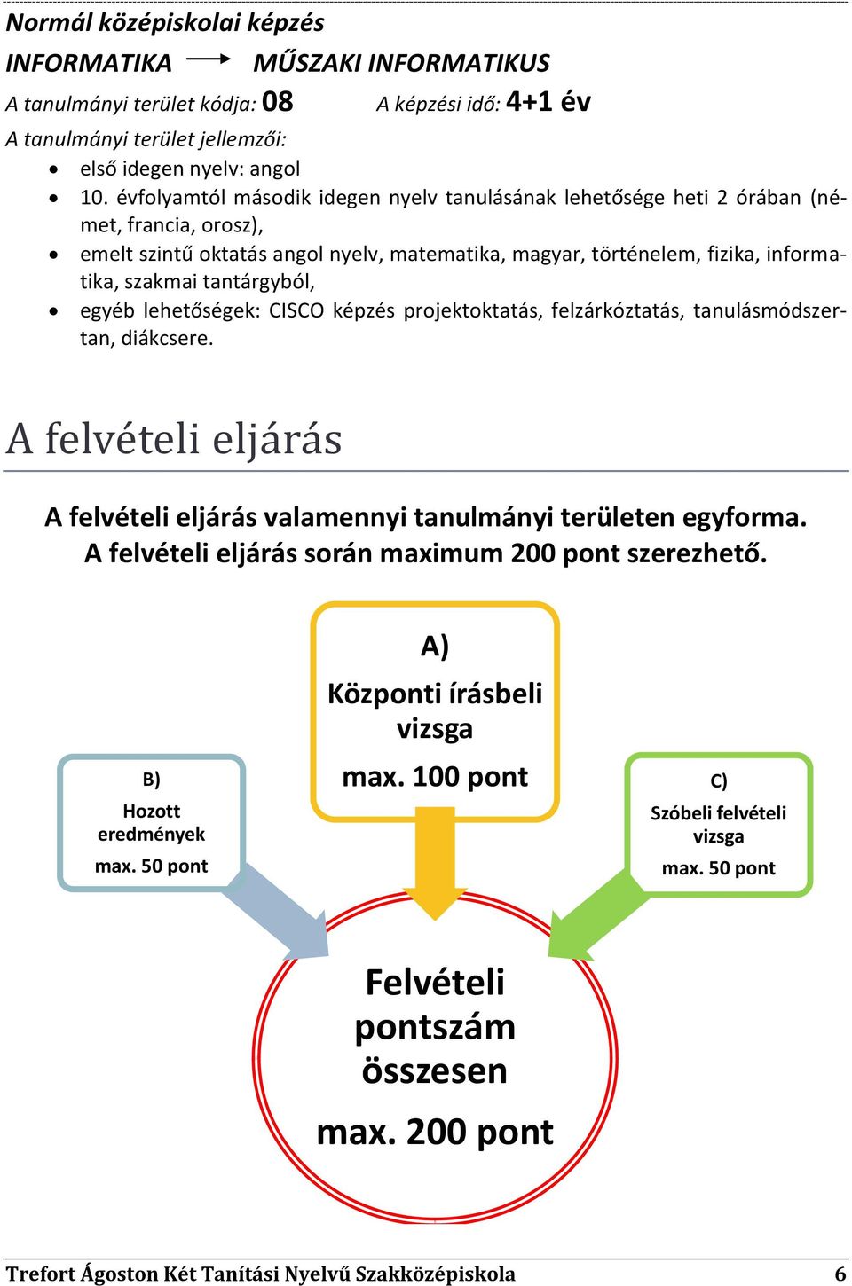 tantárgyból, egyéb lehetőségek: CISCO képzés projektoktatás, felzárkóztatás, tanulásmódszertan, diákcsere. A felvételi eljárás A felvételi eljárás valamennyi tanulmányi területen egyforma.