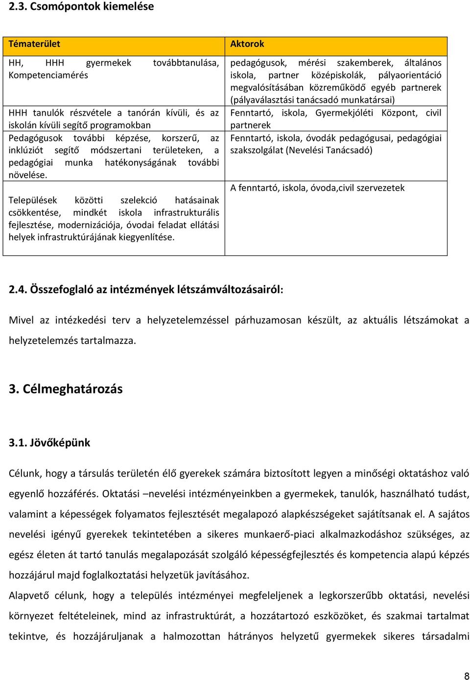 Települések közötti szelekció hatásainak csökkentése, mindkét iskola infrastrukturális fejlesztése, modernizációja, óvodai feladat ellátási helyek infrastruktúrájának kiegyenlítése.