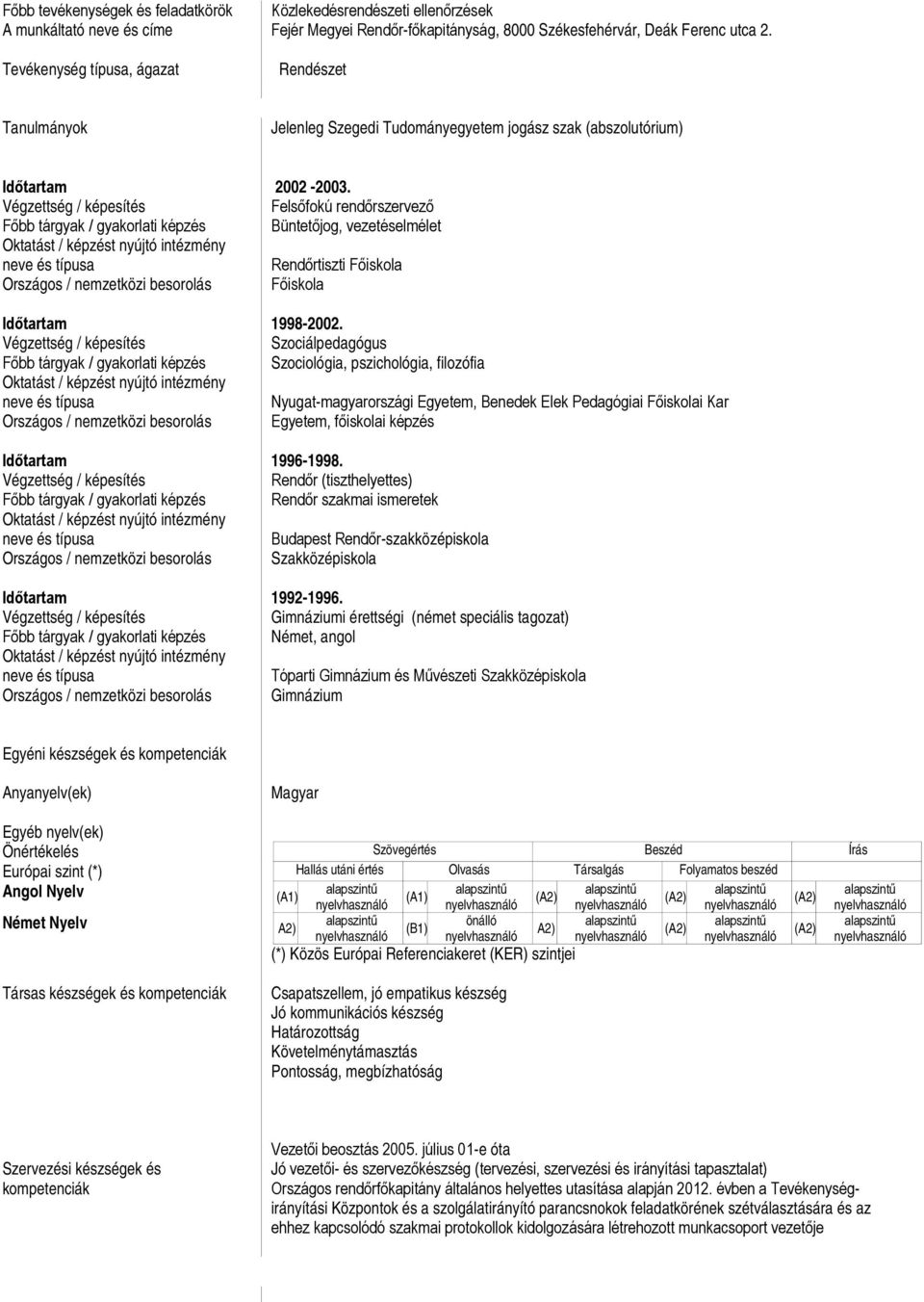 Végzettség / képesítés Felsőfokú rendőrszervező Főbb tárgyak / gyakorlati képzés Büntetőjog, vezetéselmélet neve és típusa Rendőrtiszti Főiskola Országos / nemzetközi besorolás Főiskola Időtartam