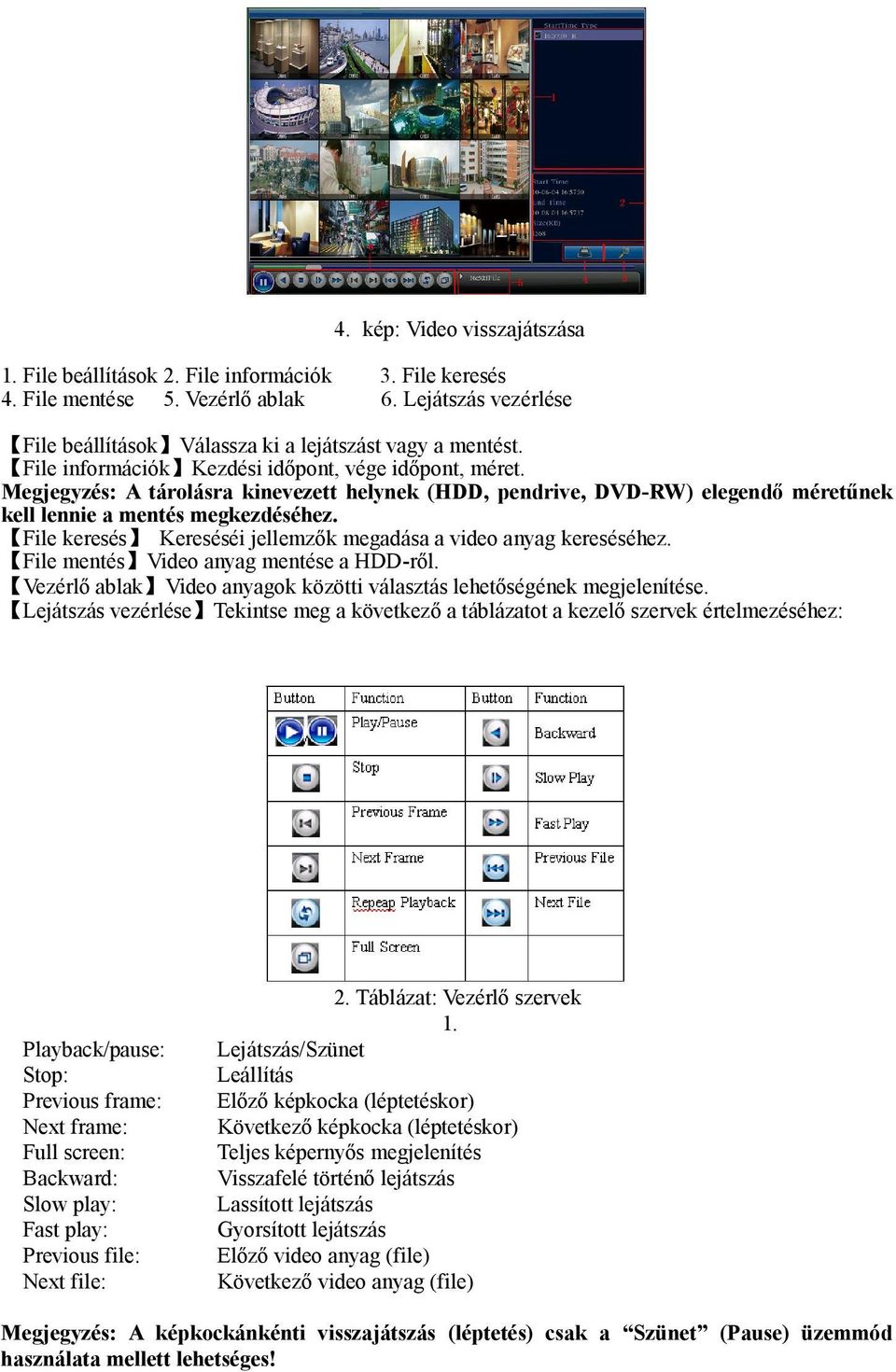 File keresés Kereséséi jellemzők megadása a video anyag kereséséhez. File mentés Video anyag mentése a HDD-ről. Vezérlő ablak Video anyagok közötti választás lehetőségének megjelenítése.