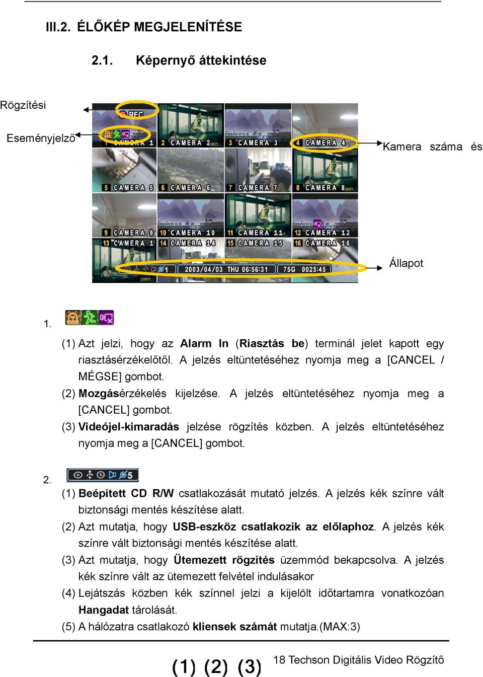 A jelzés eltüntetéséhez nyomja meg a [CANCEL] gombot. 2. (1) Beépített CD R/W csatlakozását mutató jelzés. A jelzés kék színre vált biztonsági mentés készítése alatt.