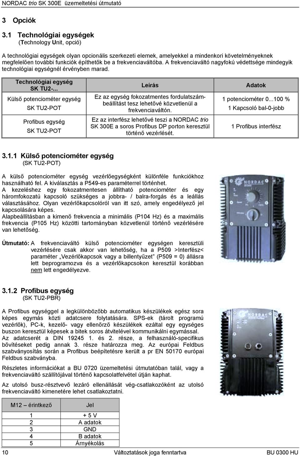 frekvenciaváltóba. A frekvenciaváltó nagyfokú védettsége mindegyik technológiai egységnél érvényben marad. Technológiai egység SK TU2-.