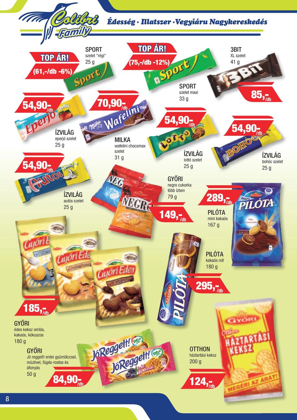 wafelini chocomax szelet 31 g 54,90- /db 54,90- /db GYŐRI negro cukorka több ízben 79 g 149,- /db ÍZVILÁG lottó szelet 25 g 289,- /db PILÓTA mini kakaós 167 g