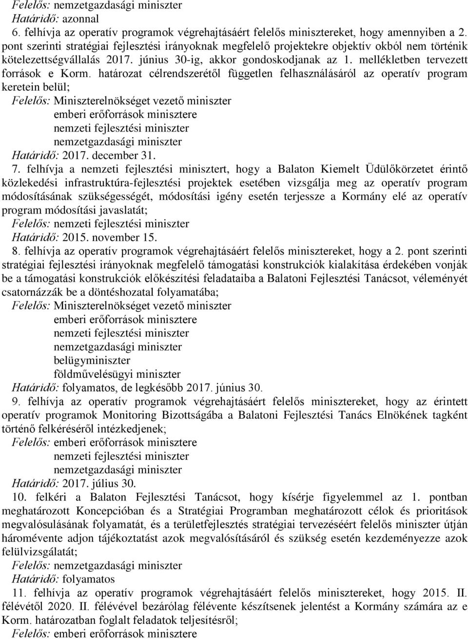 mellékletben tervezett források e Korm. határozat célrendszerétől független felhasználásáról az operatív program keretein belül; emberi erőforrások minisztere Határidő: 2017. december 31. 7.