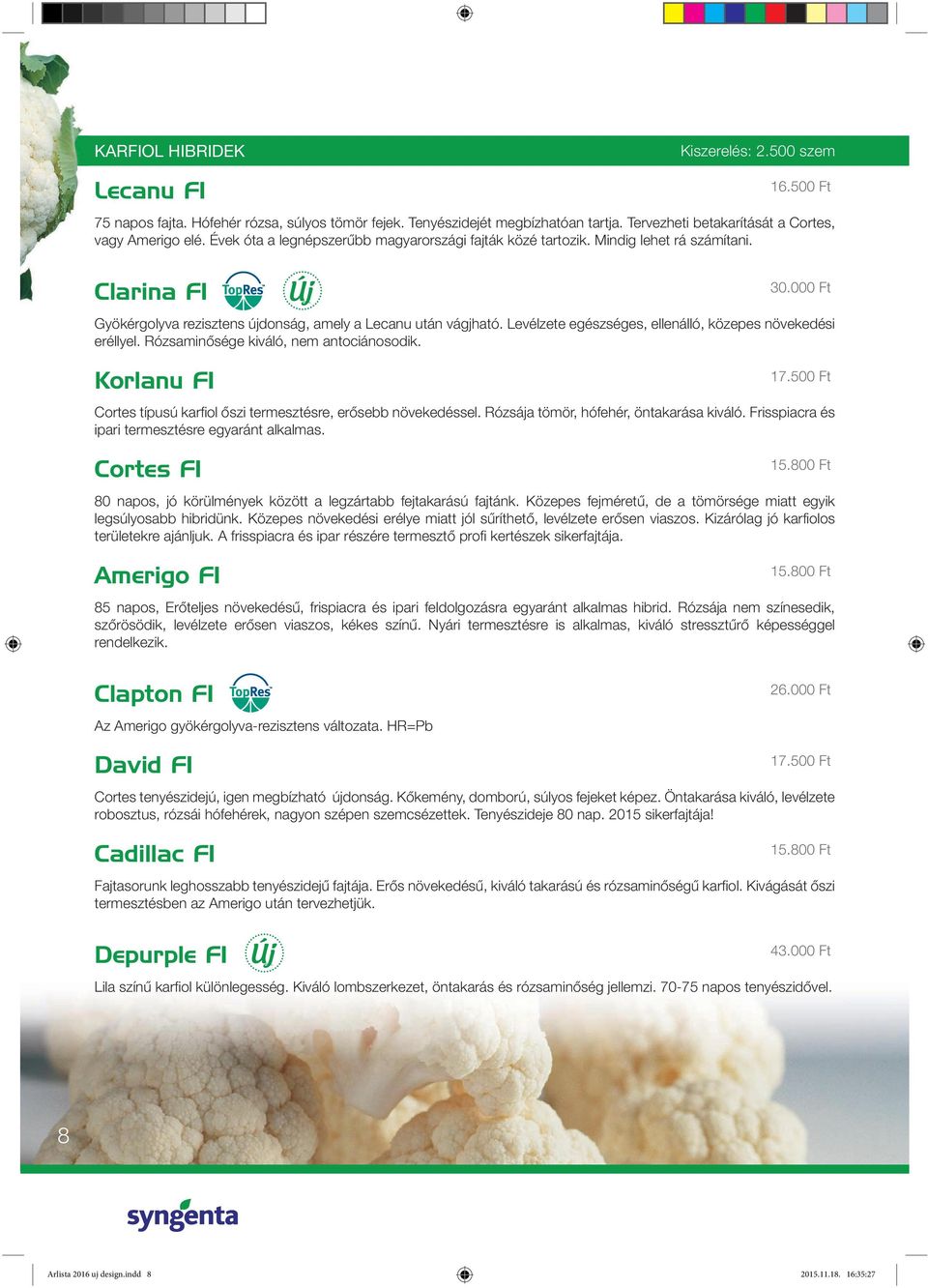 500 Ft Cortes típusú karfiol ôszi termesztésre, erôsebb növekedéssel. Rózsája tö mör, hó fehér, öntakarása kiváló. Frisspiacra és ipari termesztésre egy aránt alkalmas. Cortes F1 15.