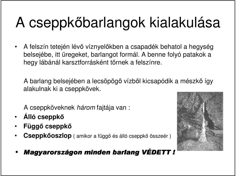 A barlang belsejében a lecsöpögı vízbıl kicsapódik a mészkı így alakulnak ki a cseppkövek.