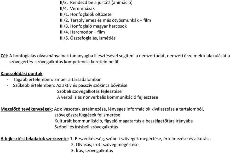 Kapcsolódási pontok: - Tágabb értelemben: Ember a társadalomban - Szűkebb értelemben: Az aktív és passzív szókincs bővítése Szóbeli szövegalkotás fejlesztése A verbális ás nonverbális kommunikáció