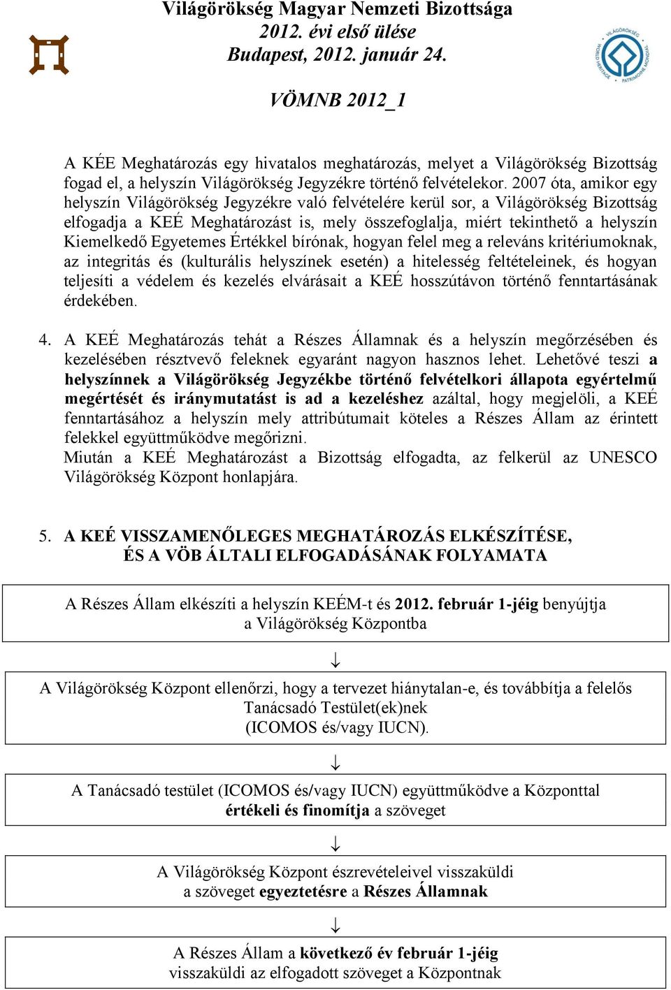 2007 óta, amikor egy helyszín Világörökség Jegyzékre való felvételére kerül sor, a Világörökség Bizottság elfogadja a KEÉ Meghatározást is, mely összefoglalja, miért tekinthető a helyszín Kiemelkedő