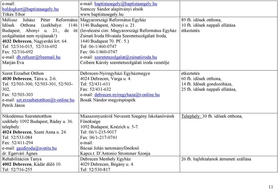 baptistasegely.hu Magyarországi Református Egyház 1146 Budapest, Abonyi u. 21. (levelezési cím: Magyarországi Református Egyház Zsinati Iroda Hivatala Szeretetszolgálati Iroda, 1440 Budapest 70. Pf.