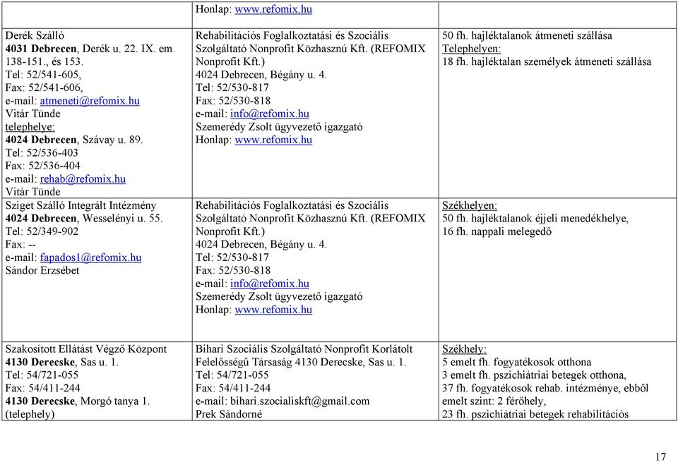 hu Sándor Erzsébet Honlap: www.refomix.hu Rehabilitációs Foglalkoztatási és Szociális Szolgáltató Nonprofit Közhasznú Kft. (REFOMIX Nonprofit Kft.) 40