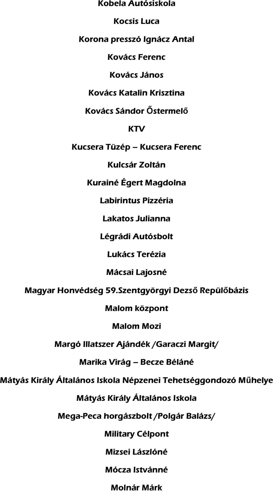 59.Szentgyörgyi Dezső Repülőbázis Malom központ Malom Mozi Margó Illatszer Ajándék /Garaczi Margit/ Marika Virág Becze Béláné Mátyás Király Általános Iskola