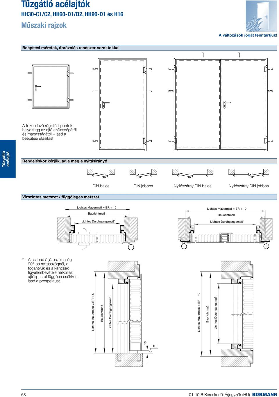 DIN balos DIN jobbos Nyílószárny DIN balos Nyílószárny DIN jobbos Vízszintes metszet / függőleges metszet Lichtes Mauermaß = BR + 10 Baurichtmaß Lichtes Mauermaß = BR + 10 Baurichtmaß Lichtes