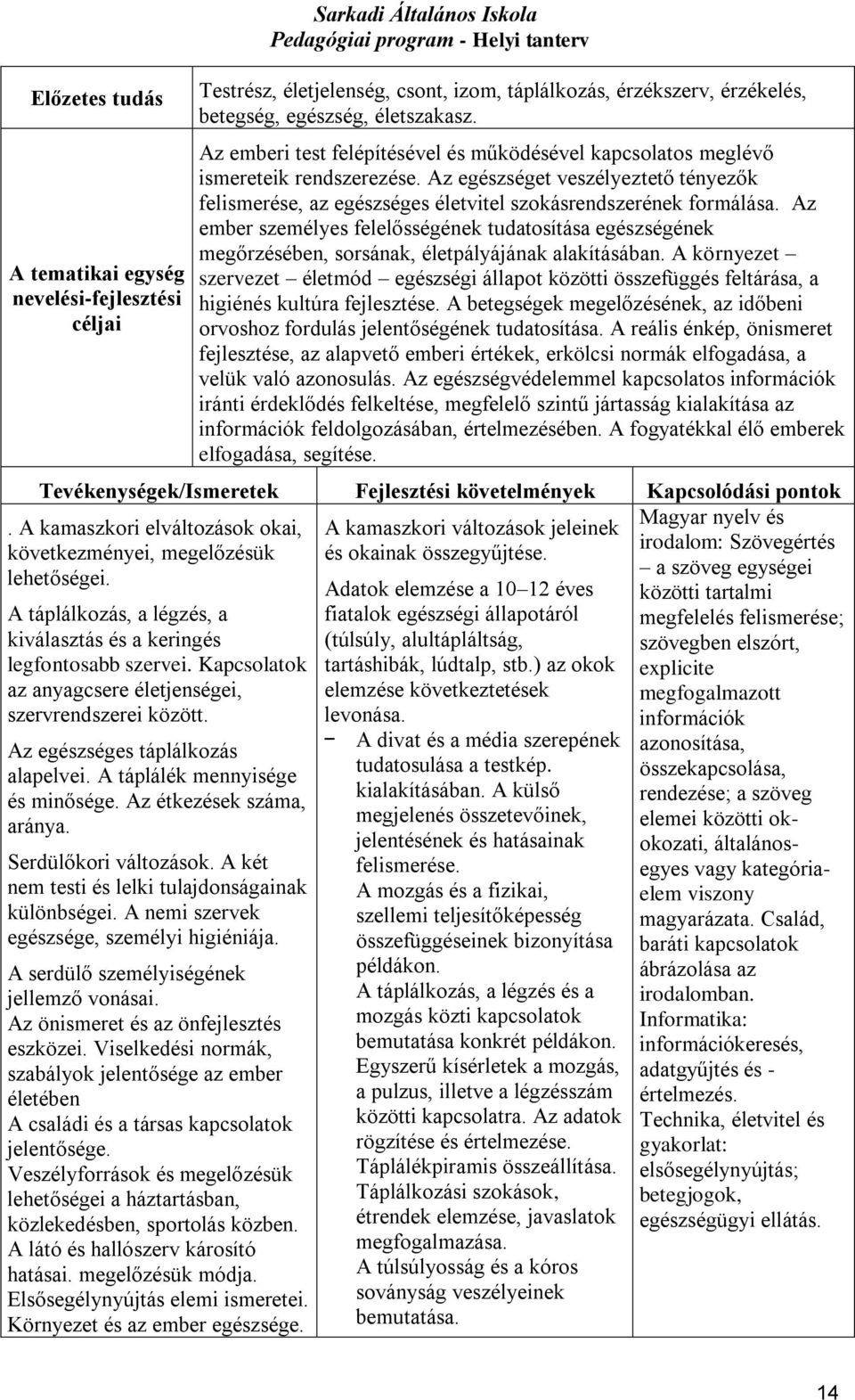 Az ember személyes felelősségének tudatosítása egészségének megőrzésében, sorsának, életpályájának alakításában.