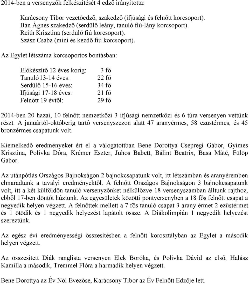 Az Egylet létszáma korcsoportos bontásban: Előkészítő 12 éves korig: Tanuló 13-14 éves: Serdülő 15-16 éves: Ifjúsági 17-18 éves: Felnőtt 19 évtől: 3 fő 22 fő 34 fő 21 fő 29 fő 2014-ben 20 hazai, 10