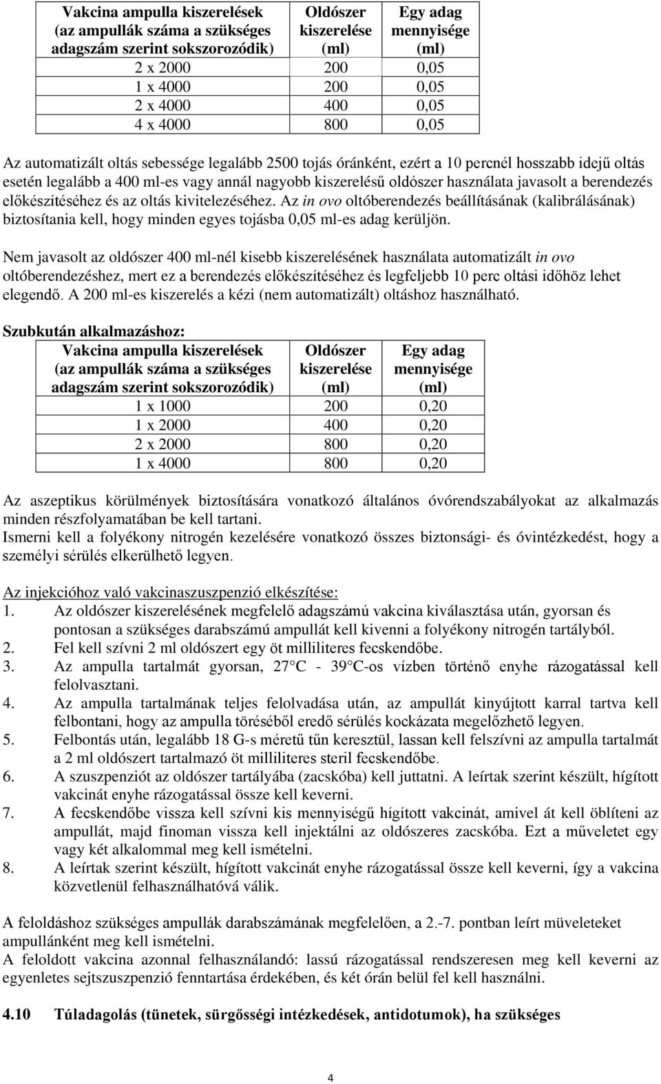 javasolt a berendezés előkészítéséhez és az oltás kivitelezéséhez. Az in ovo oltóberendezés beállításának (kalibrálásának) biztosítania kell, hogy minden egyes tojásba 0,05 ml-es adag kerüljön.