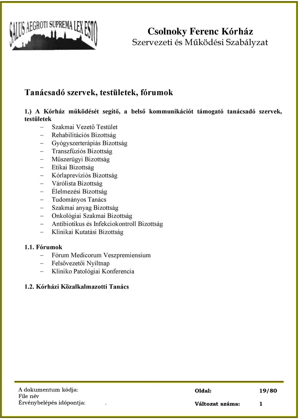 Gyógyszerterápiás Bizottság Transzfúziós Bizottság Műszerügyi Bizottság Etikai Bizottság Kórlaprevíziós Bizottság Várólista Bizottság Élelmezési Bizottság