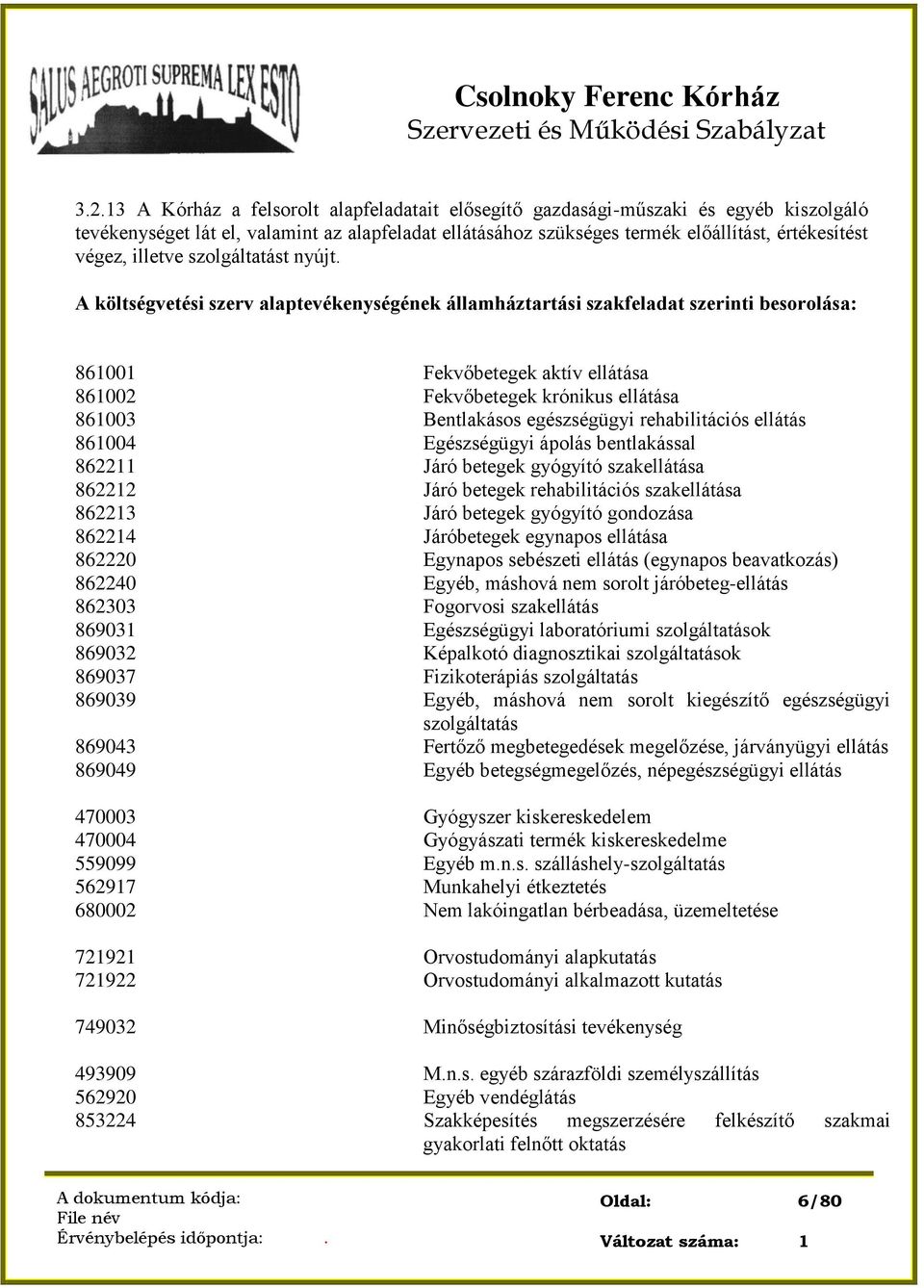 A költségvetési szerv alaptevékenységének államháztartási szakfeladat szerinti besorolása: 861001 Fekvőbetegek aktív ellátása 861002 Fekvőbetegek krónikus ellátása 861003 Bentlakásos egészségügyi