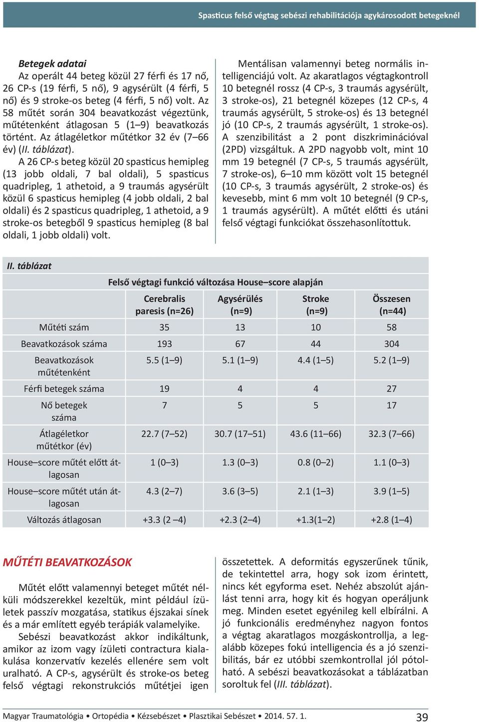 A 26 CP-s beteg közül 20 spasticus hemipleg (13 jobb oldali, 7 bal oldali), 5 spasticus quadripleg, 1 athetoid, a 9 traumás agysérült közül 6 spasticus hemipleg (4 jobb oldali, 2 bal oldali) és 2
