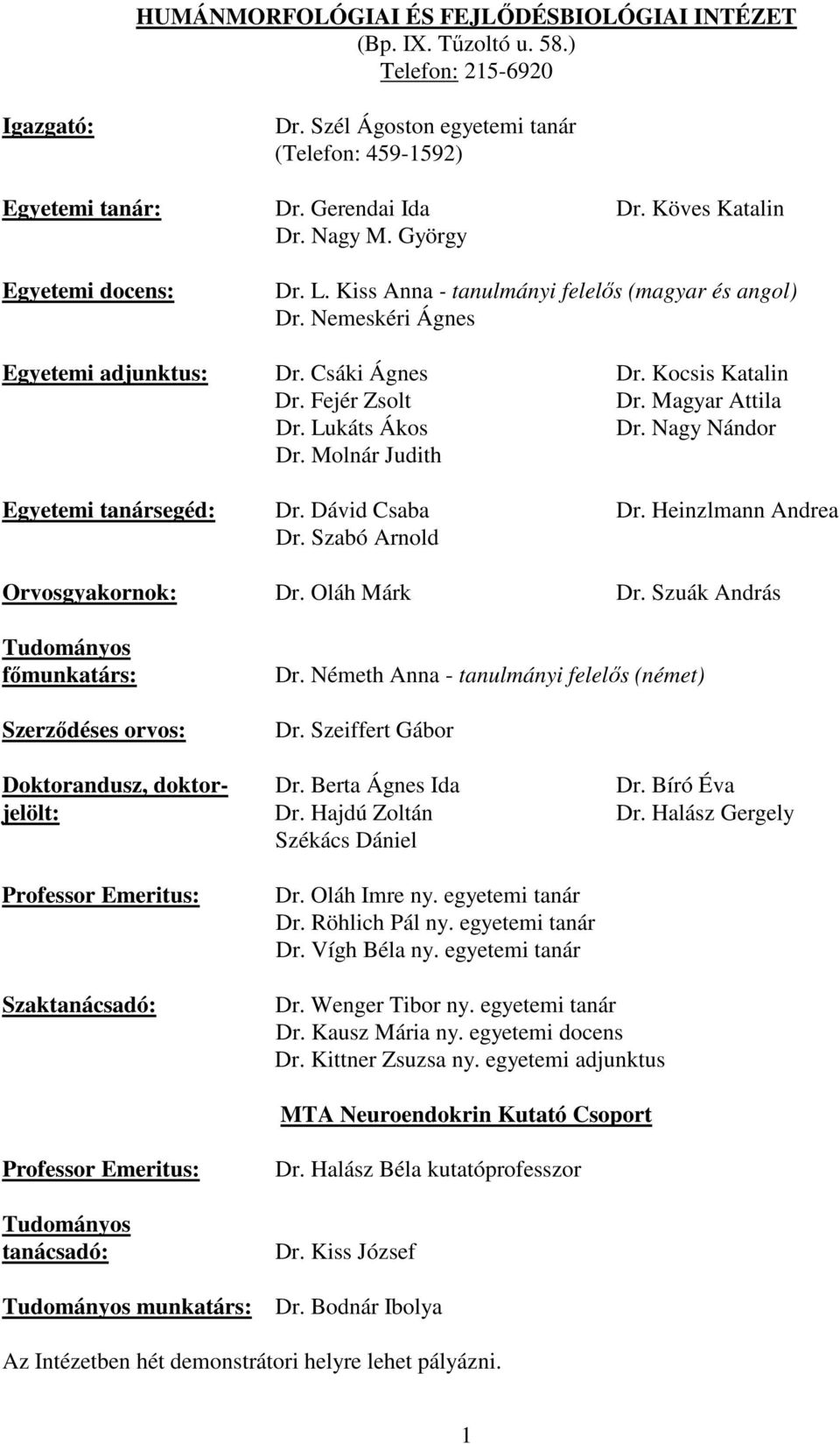 Magyar Attila Dr. Lukáts Ákos Dr. Nagy Nándor Dr. Molnár Judith Egyetemi tanársegéd: Dr. Dávid Csaba Dr. Heinzlmann Andrea Dr. Szabó Arnold Orvosgyakornok: Dr. Oláh Márk Dr.